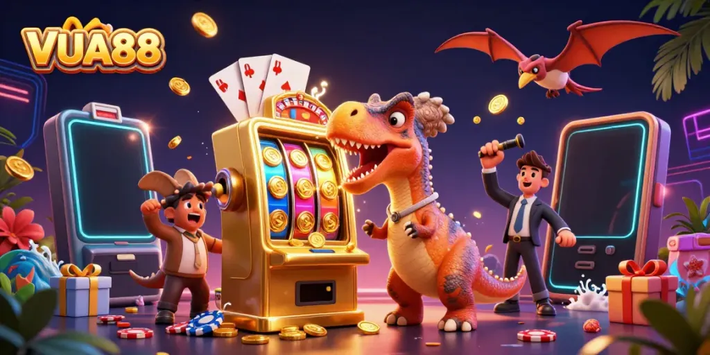 Experience VUA88 excitement as dinosaurs engage in a vibrant casino scene, showcasing action and fortune.