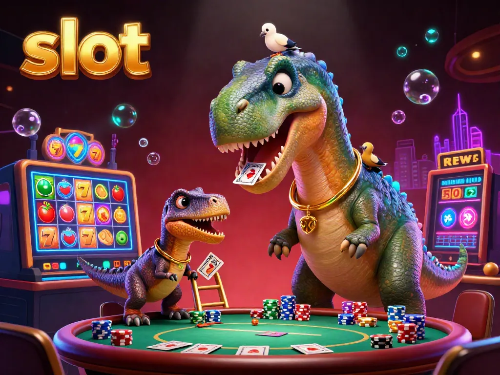 Experience thrilling slot action with a giant dinosaur and clever raptor dealing cards at a casino poker table.