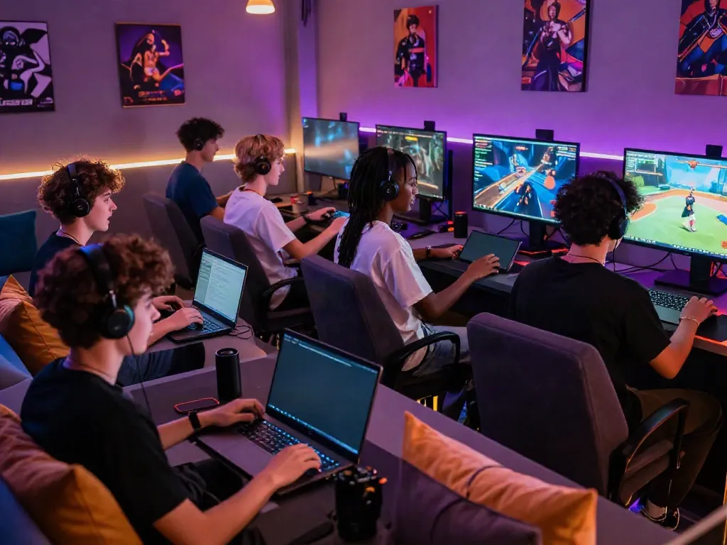 Young gamers enjoying the bro138 digital-first gaming experience in a lively lounge.