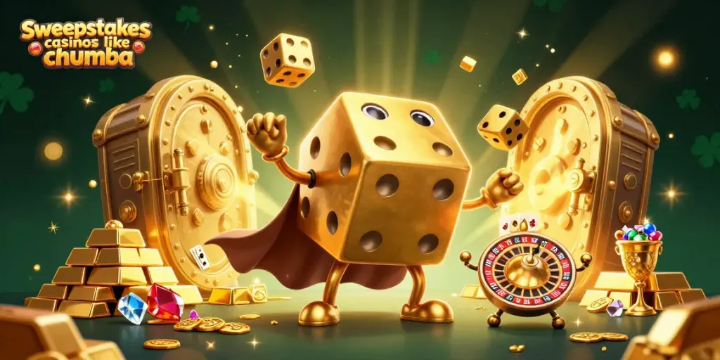 Engage with sweepstakes casinos like Chumba through dynamic golden dice gambling illustration.