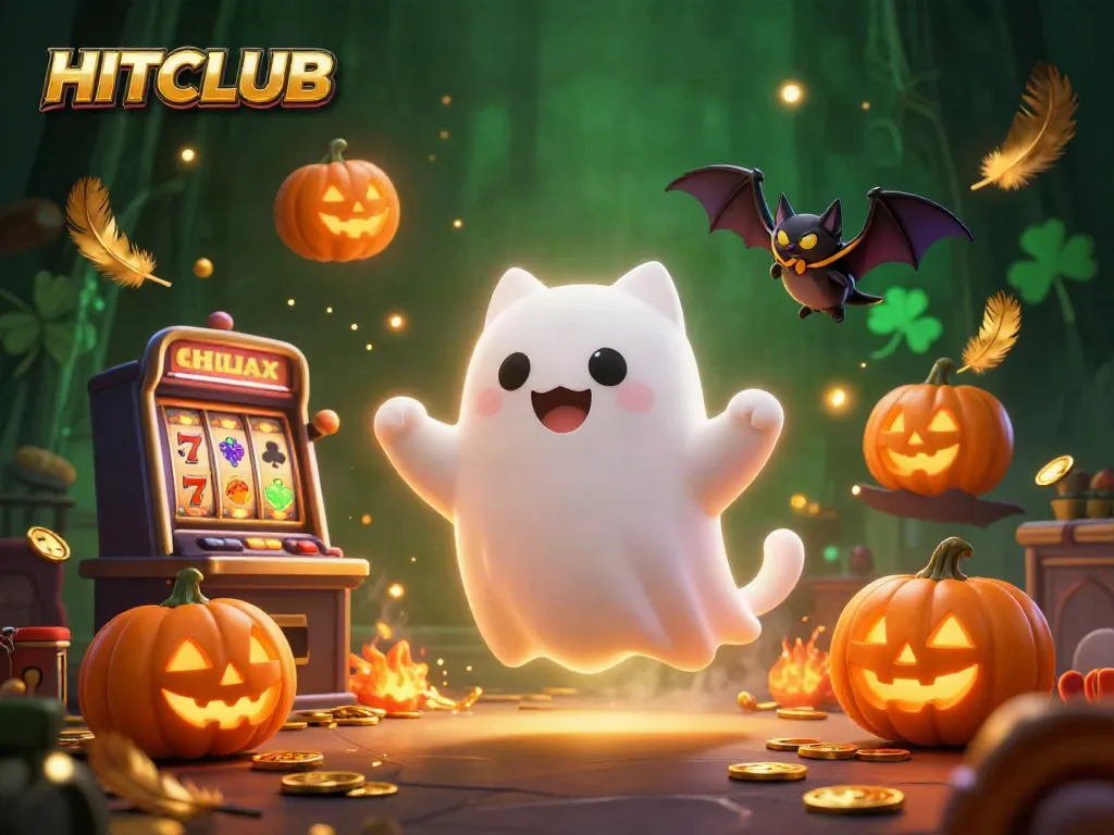 Engage in thrilling gameplay at HITCLUB's exciting haunted casino with glowing jack-o-lanterns and slot machines.