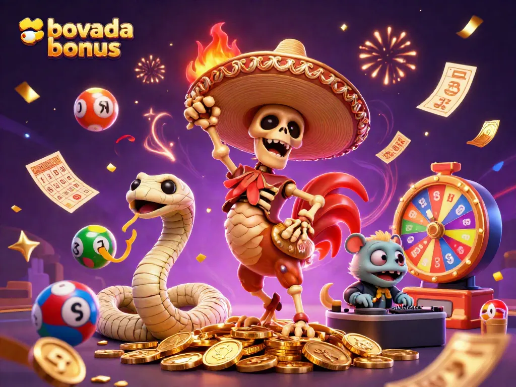 Celebrate with Bovada bonus, featuring vibrant characters and gaming elements in a dynamic casino scene.