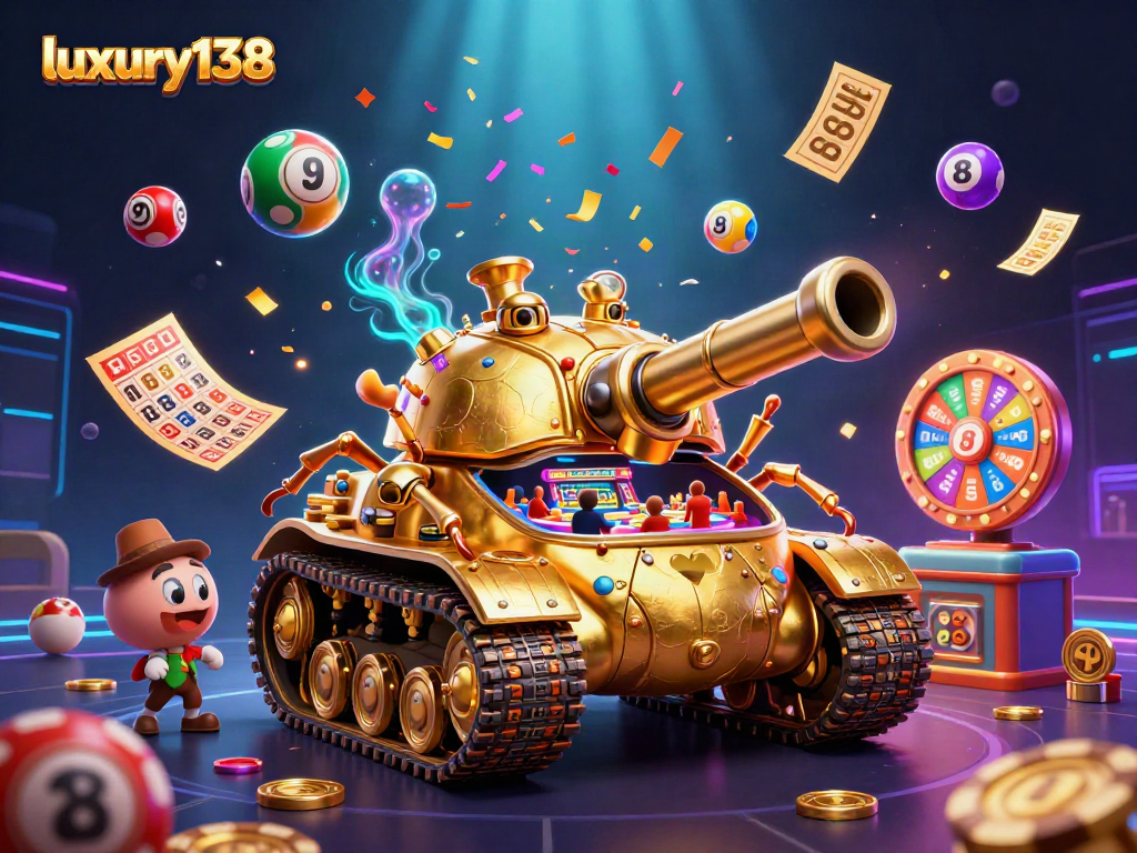 Menangkan permainan di luxury138 dengan kasino mini dalam tank emas yang menembakkan konfeti dan uang.