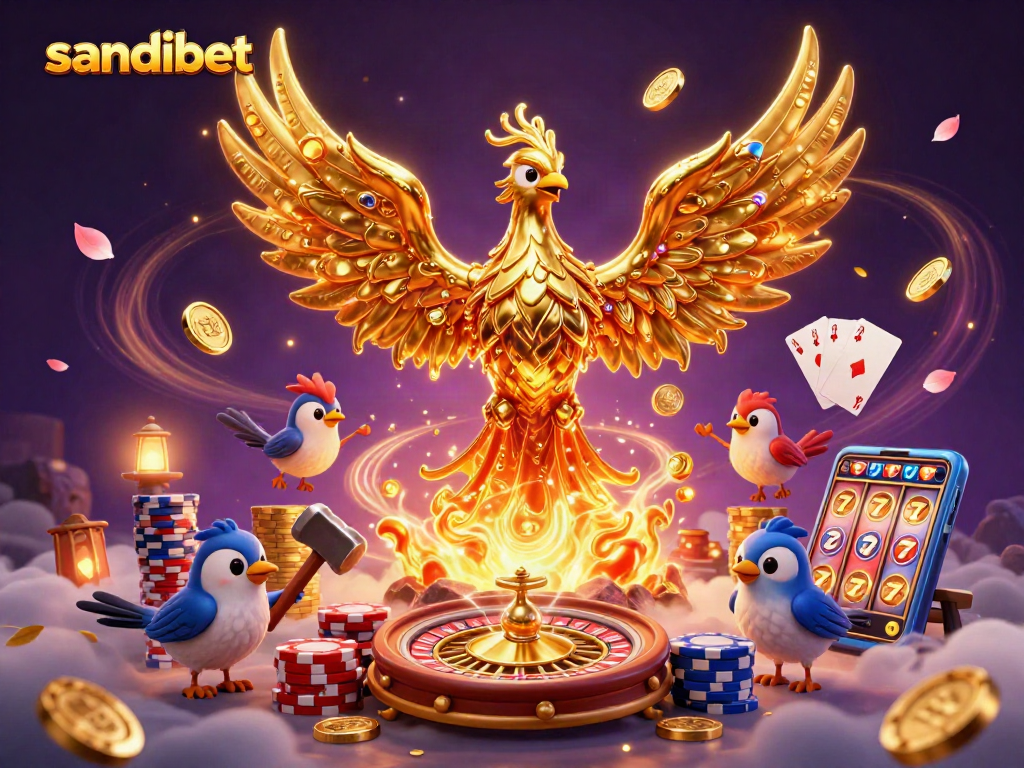 Experience excitement in sandibet's casino scene with a golden phoenix and vibrant gambling elements.