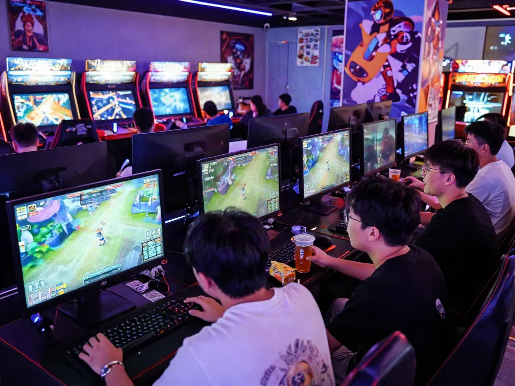 Players enjoying competitive gaming on the qqmacan platform in a vibrant arcade, showcasing excitement and community.