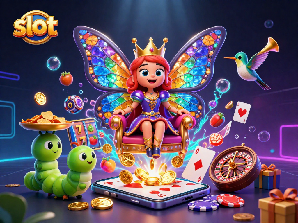 Experience thrilling slots with a cartoon butterfly queen amidst colorful gaming elements.