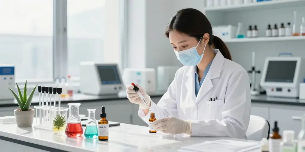 GHK-Cu peptide skincare expert measuring peptide serum in a bright lab.