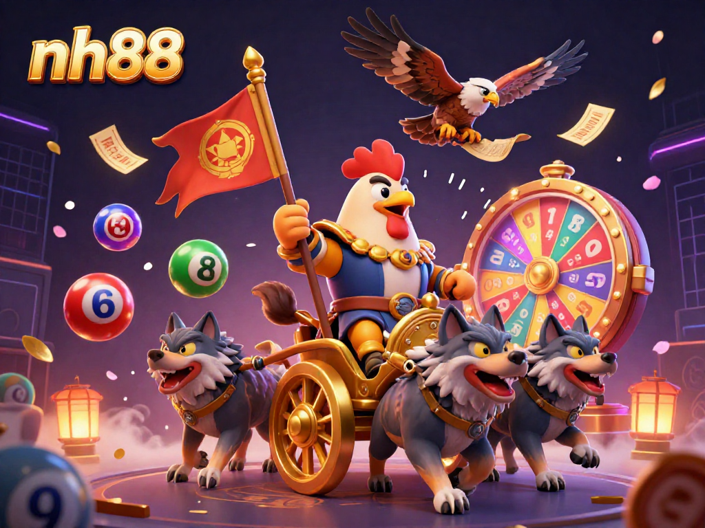 Experience the thrilling energy of nh88 with a dynamic illustration featuring a warrior rooster and vibrant casino elements.