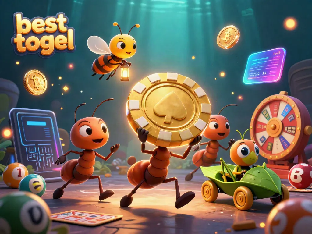 Ant yang mencuri chip poker emas besar di best togel, dikelilingi bola lotere.