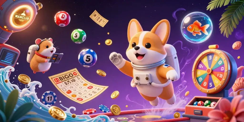 Join the action at MANCLUB space casino with floating poker chips and lottery excitement.