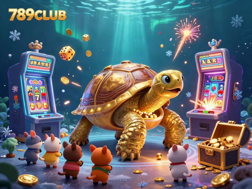 Engage with 789CLUB's vibrant 3D casino illustration featuring a pinball tortoise and jackpot slot machines.