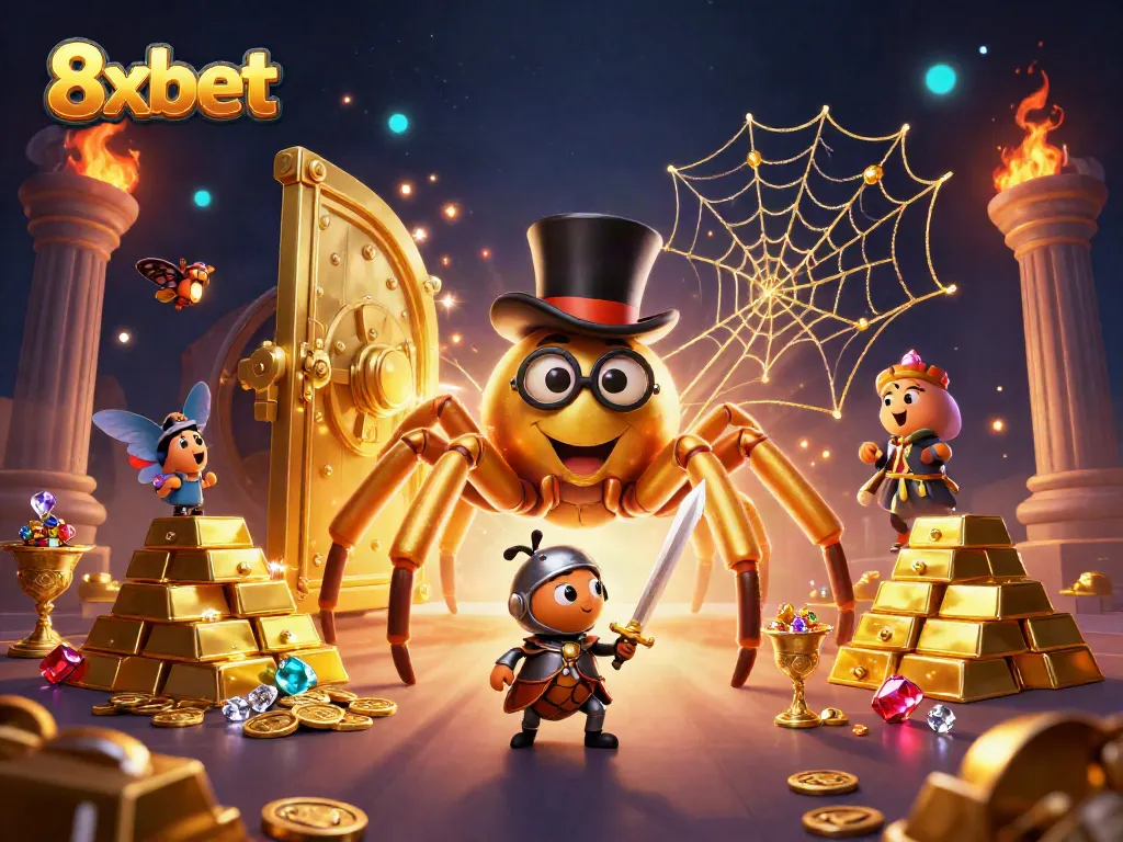 Join 8xbet's thrilling adventure with a golden tarantula and a brave beetle knight in a vibrant casino