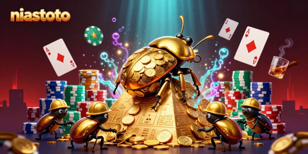 Experience niastoto with a golden beetle rolling a jackpot of coins amidst vibrant casino elements.