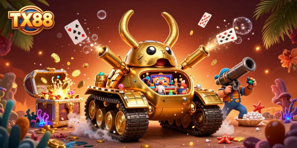 Experience the thrill of TX88 with golden tanks shooting coins and vibrant underwater elements.