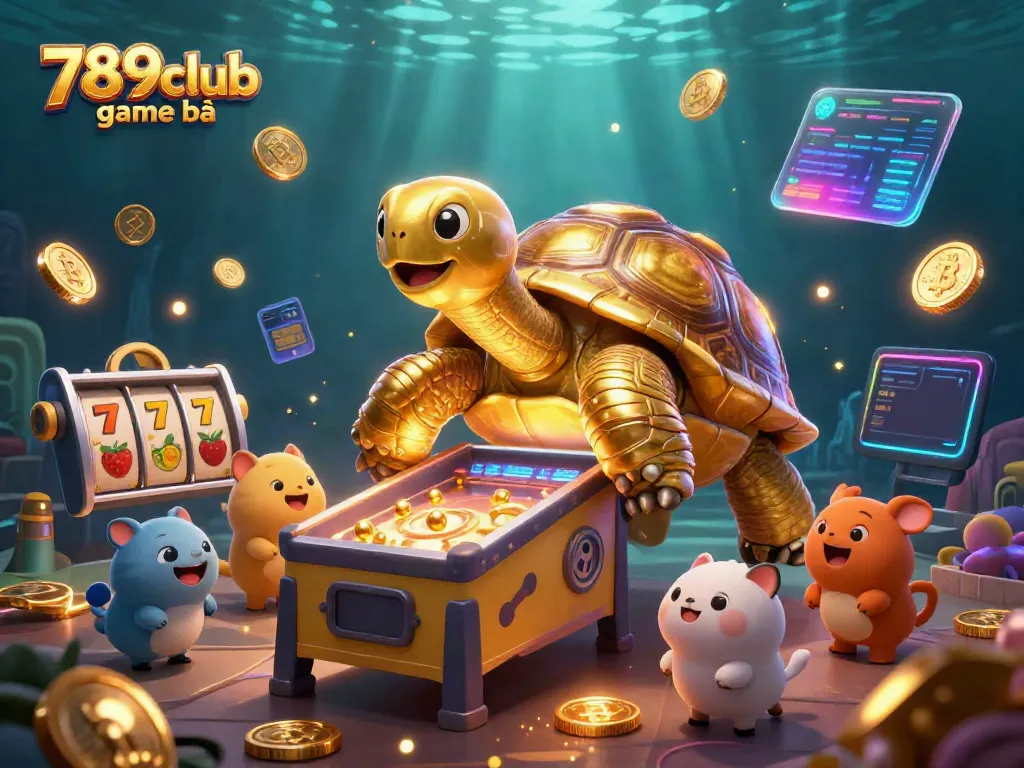 Engage with the thrilling 789club game bài featuring a colossal golden tortoise and lively casino elements in a captivating 3D scene.