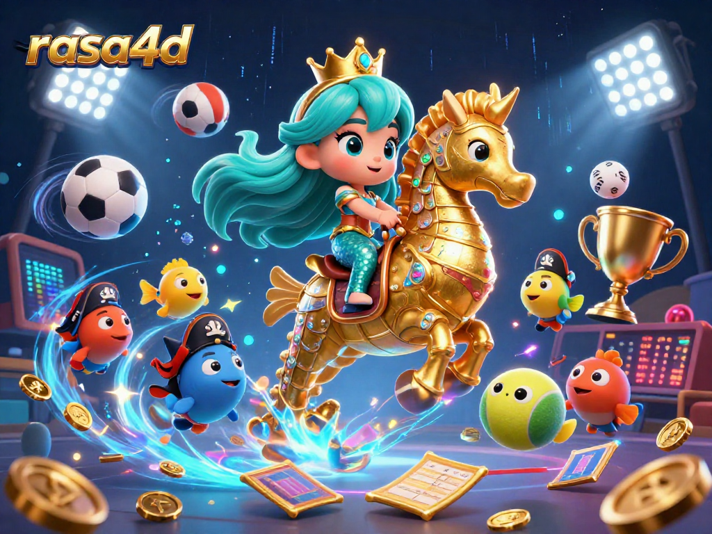 Menangkan pengalaman kasino dengan rasa4d, ilustrasi 3D putri duyung dan kuda laut.