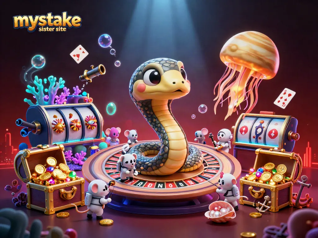 Experience thrilling bets at the mystake sister site with cartoon characters in a casino setting.