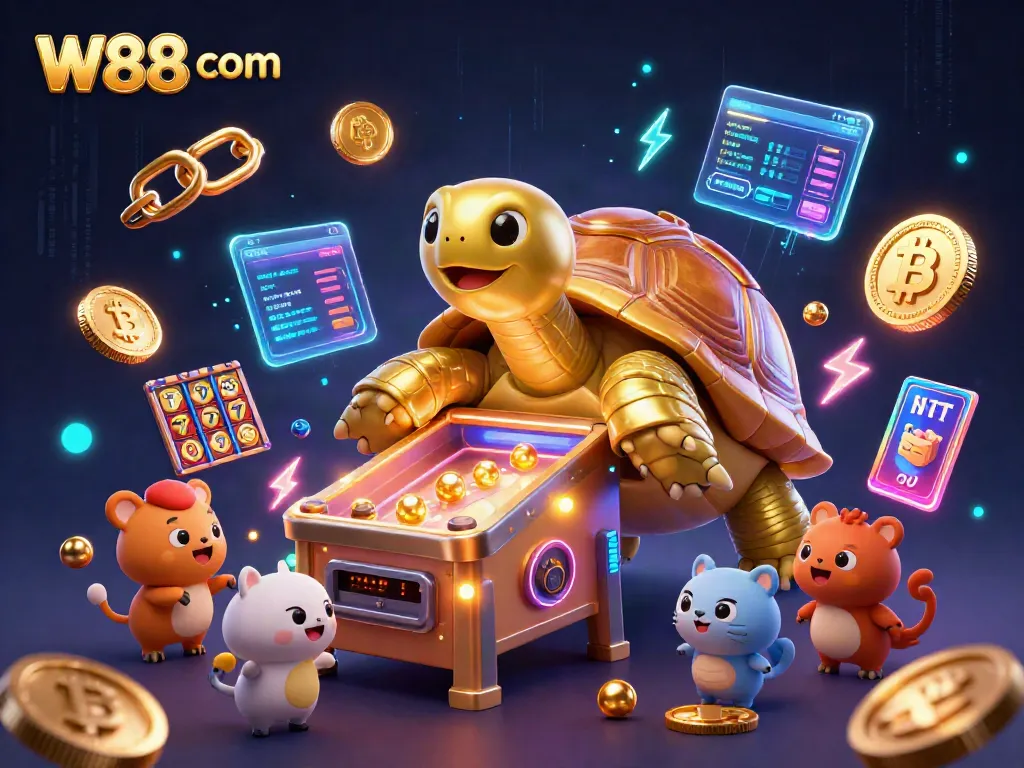 Engage in thrilling gaming action at W88 com with a vibrant 3D casino scene featuring a playful golden tortoise.