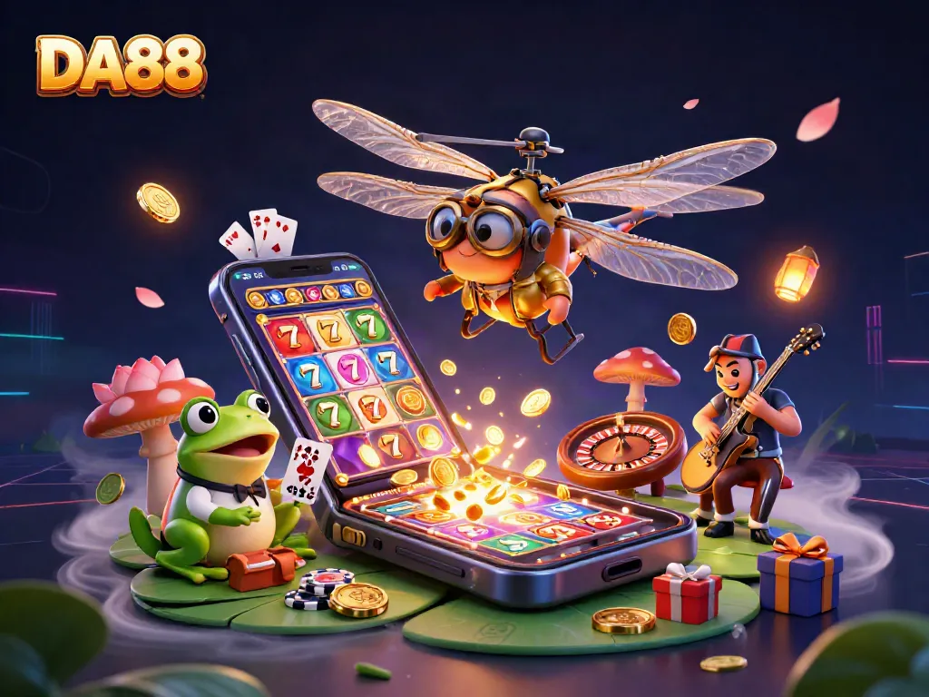 Join the fun at DA88 as the dragonfly pilot and frog croupier deal cards in a vibrant casino scene.