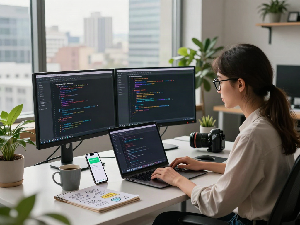 Developer using gbwhatsapp on dual monitors in a modern office setting.