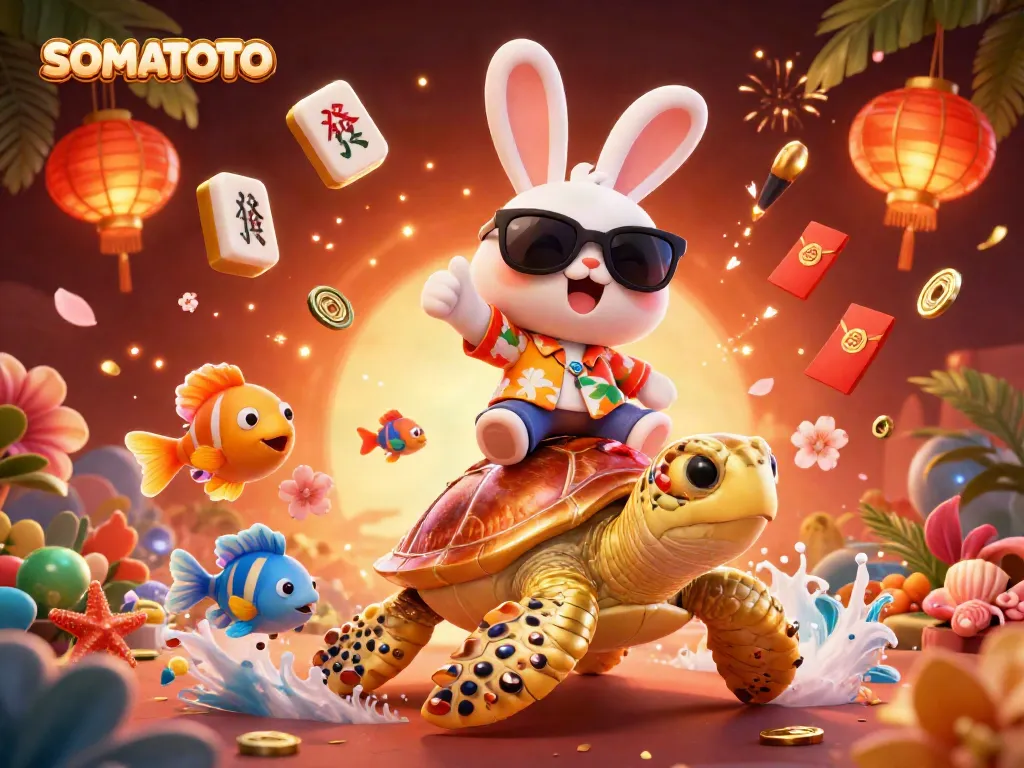 Experience the excitement of SOMATOTO with a vibrant casino scene featuring a lucky rabbit and a sea turtle.