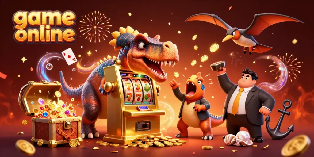 Experience the excitement of game online with a dinosaur and casino theme, showcasing jackpot moments.