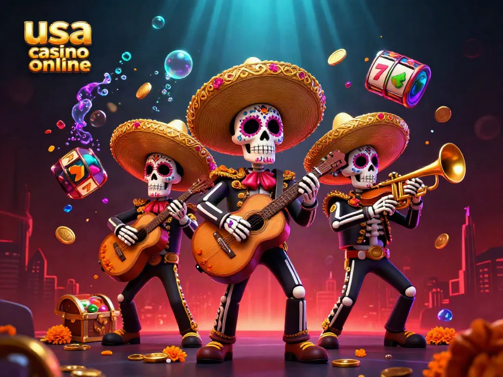 Engage with the vibrant usa casino online scene featuring lively mariachi players amidst gold coins and vibrant slot reels.