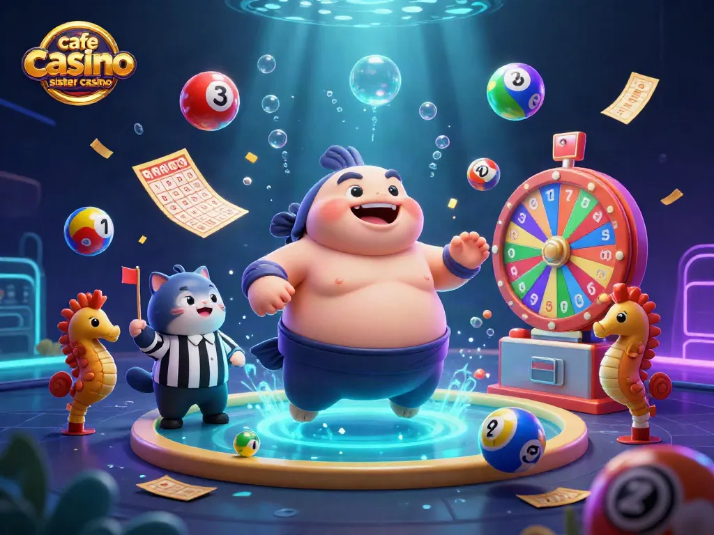 Cafe casino sister casino showcases a lively underwater scene with a puffed-up fugu in a sumo belt surrounded by dynamic lottery elements.