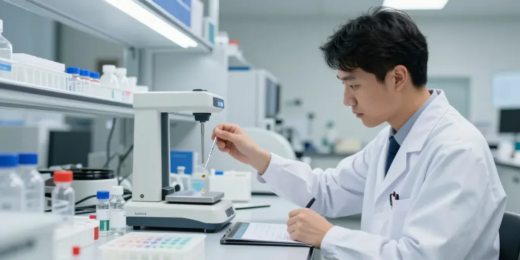 Research peptides measurement in a lab with a scientist, precise tools, and sterile setup.