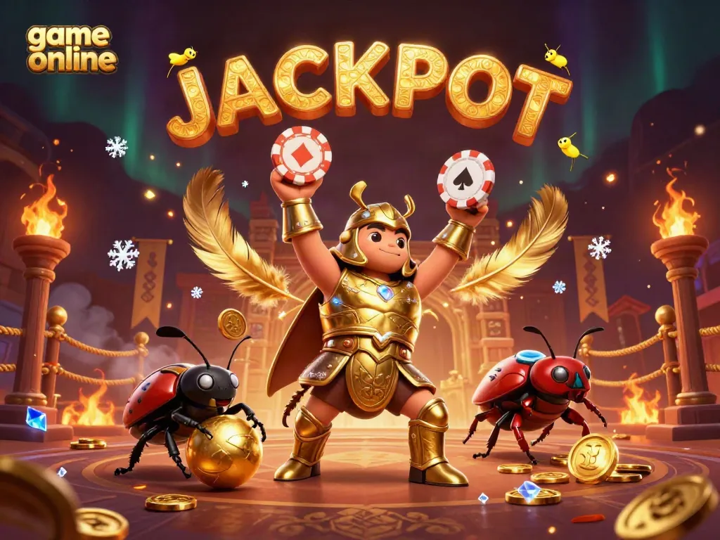 Engage in exciting game online action with a heroic beetle in golden armor victorious over a jackpot!