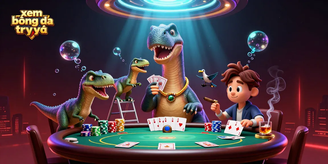 Xem bóng đá trực tiếp with animated casino scene featuring a brontosaurus and clever raptor dealing cards.