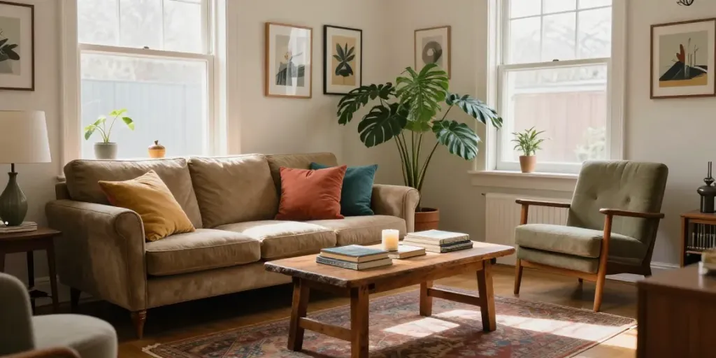 Cozy living room with second hand furniture in Ireland, featuring a vintage sofa and rustic coffee table.