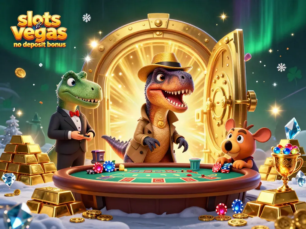 Engaging slots of vegas no deposit bonus scene with cartoon dinosaurs at a blackjack table surrounded by treasures.
